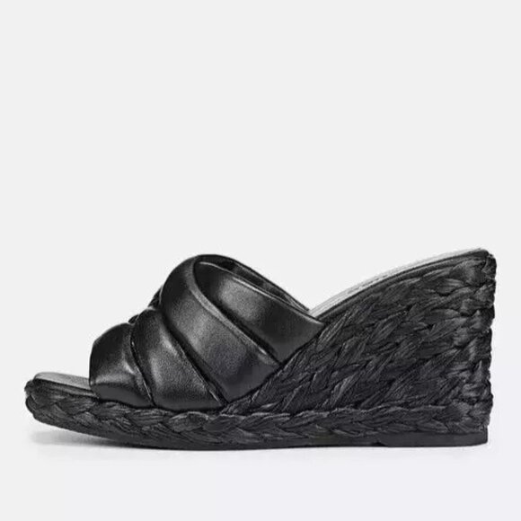 $350 VINCE Gilian Leather Wedge Sandal BLACK ESPADRILLES LEATHER 9.5 (MF12) - Picture 1 of 7